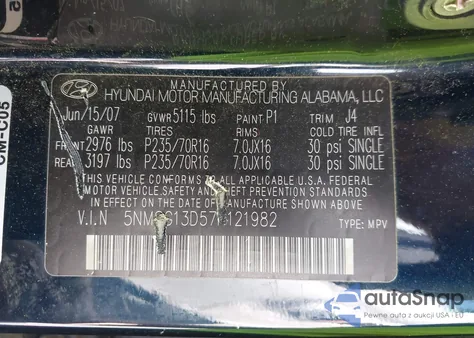 2007 Hyundai Santa Fe Gls из США, поврежденный, VIN 5NMSG13D57H121982